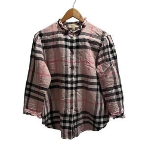 Burberry Salla Pink‎ Nova Check Ruffle Collar 3/4 Sleeve Button Shirt Sz 4
